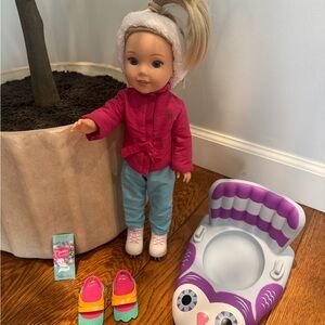 Wellie Wishers Winter Friends Skating Outfit and Make Tracks Sled and Snowshoes